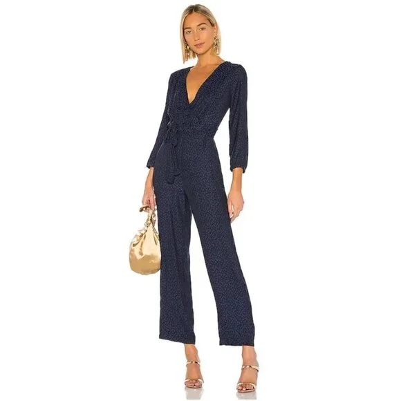1.STATE Women's Blue Silky Sheen Surplice V-neck Leopard Print Jumpsuit NWD 12 - Picture 9 of 9